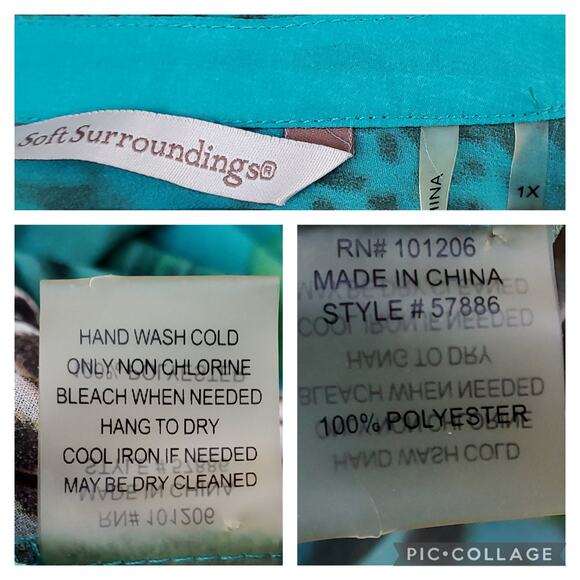 Soft Surroundings Teal Blue Green Printed Floral Top Roll Tab Sleeves Sz 1X - Picture 12 of 12